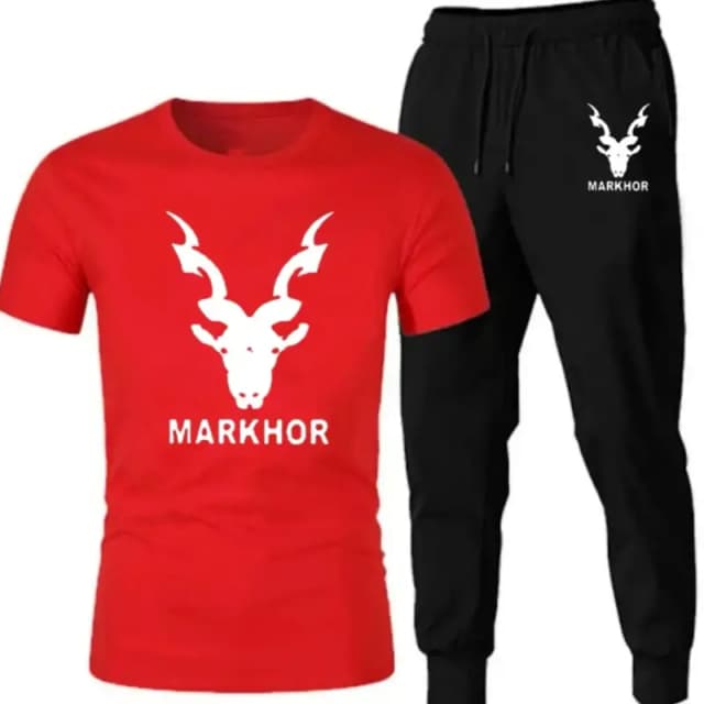Red Markhor Printed T-Shirt Trouser Summer Tracksuit For Men