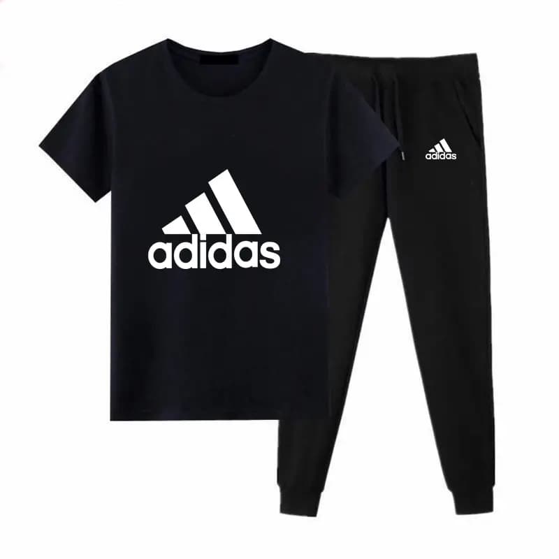 Black Adidas Printed T-Shirt Trouser Summer Tracksuit For Men