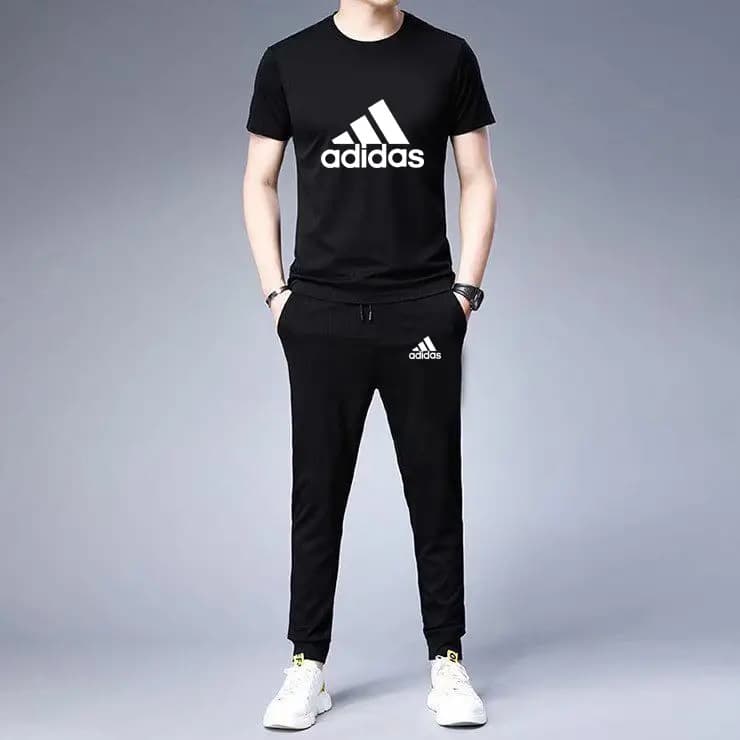 Black Adidas Printed T-Shirt Trouser Summer Tracksuit For Men