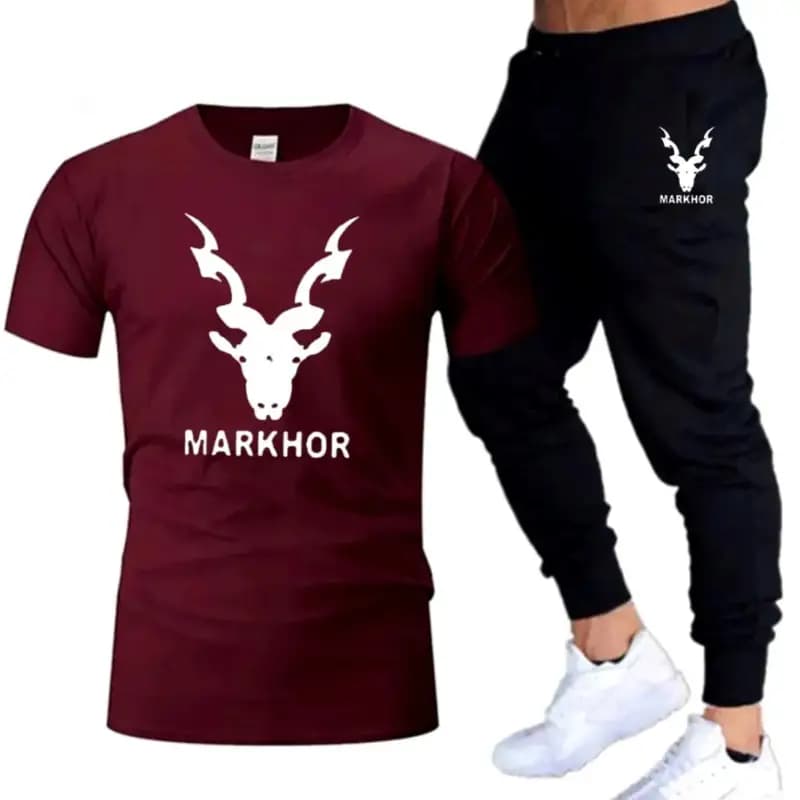 Maroon Markhor Printed T-Shirt Trouser Summer Tracksuit For Men