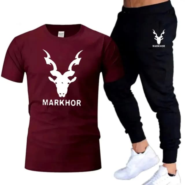 Maroon Markhor Printed T-Shirt Trouser Summer Tracksuit For Men