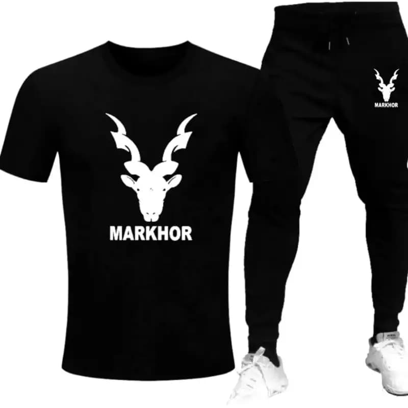 Black Markhor Printed T-Shirt Trouser Summer Tracksuit For Men