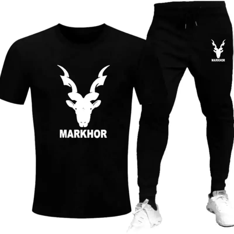 Black Markhor Printed T-Shirt Trouser Summer Tracksuit For Men