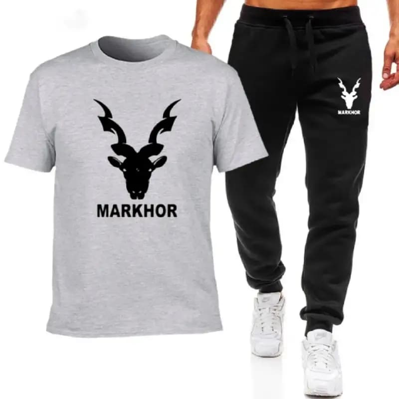 Grey Markhor Printed T-Shirt Trouser Summer Tracksuit For Men