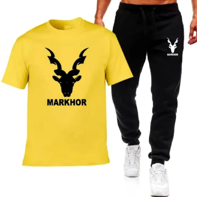 Yellow Markhor Printed T-Shirt Trouser Summer Tracksuit For Men