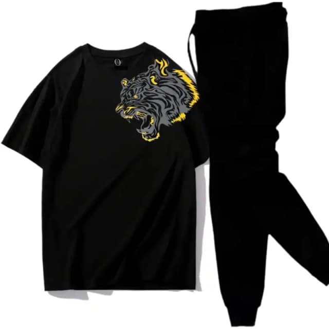 LION Black Printed T-Shirt Trouser Summer Tracksuit For Men