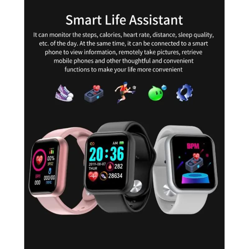 D20 Heart Rate Blood Pressure Smartwatch Color Screen Fitness Tracker Waterproof