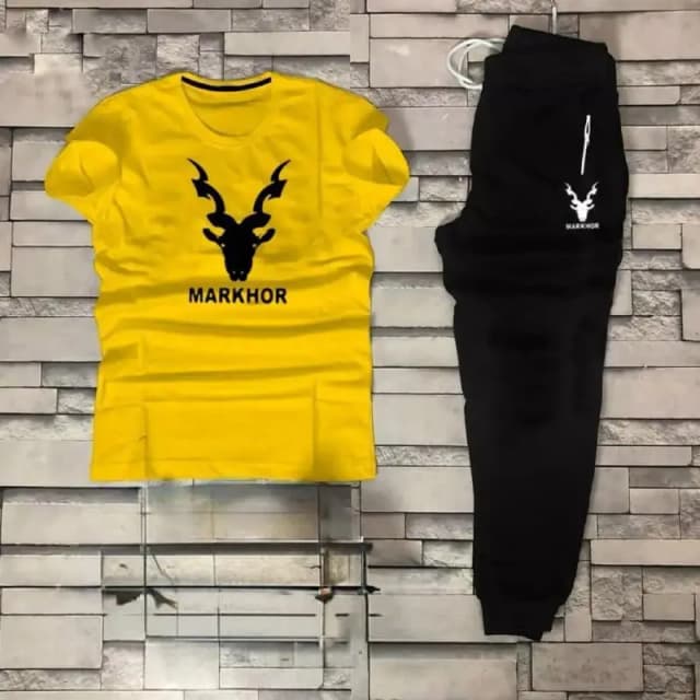 Markhor Printed Yellow T-Shirt Trouser Summer Tracksuit For Men