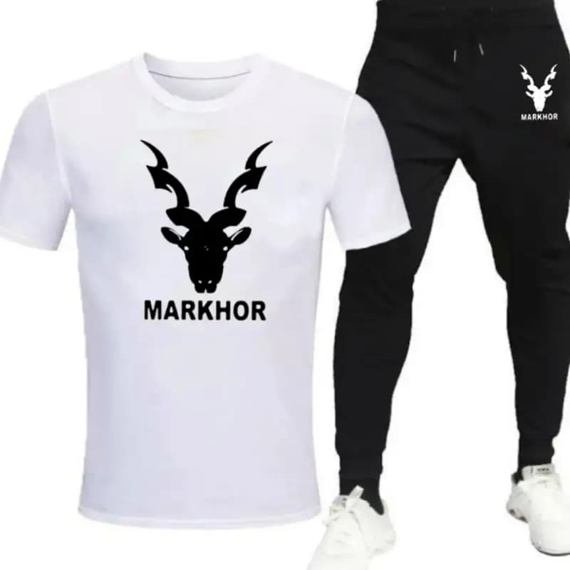White Markhor Printed T-Shirt Trouser Summer Tracksuit For Men