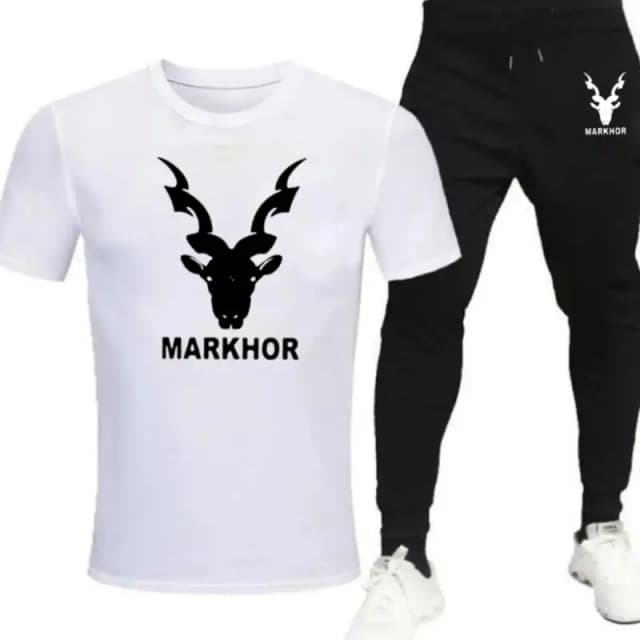 White Markhor Printed T-Shirt Trouser Summer Tracksuit For Men