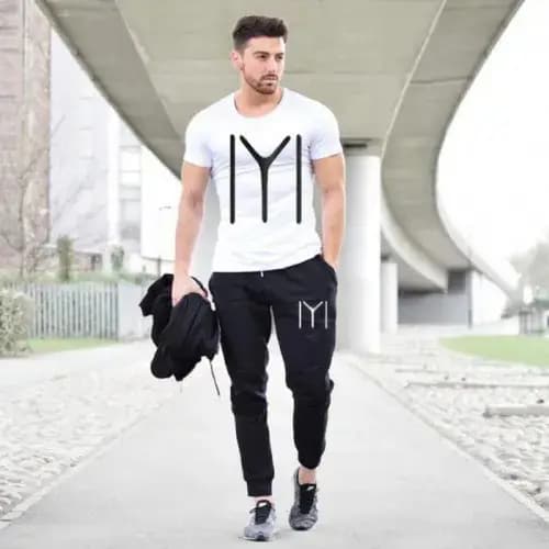 IYI White Printed T-Shirt With Trouser Tracksuit For Men
