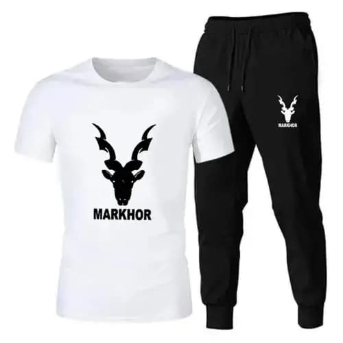 White Markhor Printed T-Shirt Trouser Summer Tracksuit For Men